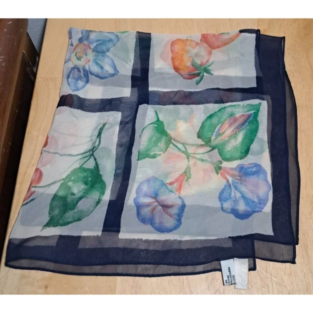 2 Vintage LG Silk Scarf Made in Japan Floral Fruit Patchwork Blue/Pink 22